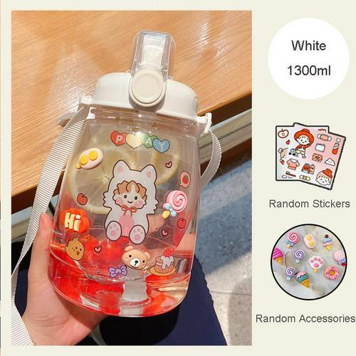 PEXIZUAN Kawaii water bottle big belly cup big water bottle cute travel cup  strap straw cup(White,1300ML)