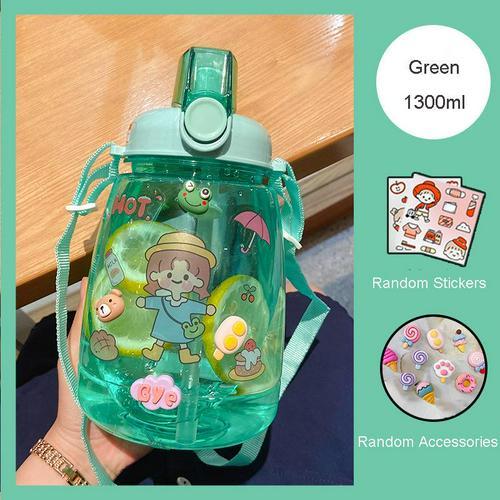 PEXIZUAN Kawaii water bottle big belly cup big water bottle cute travel cup  strap straw cup(green 1300ML) green 1300ML